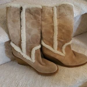 Coach tan suede below knees wedge boot